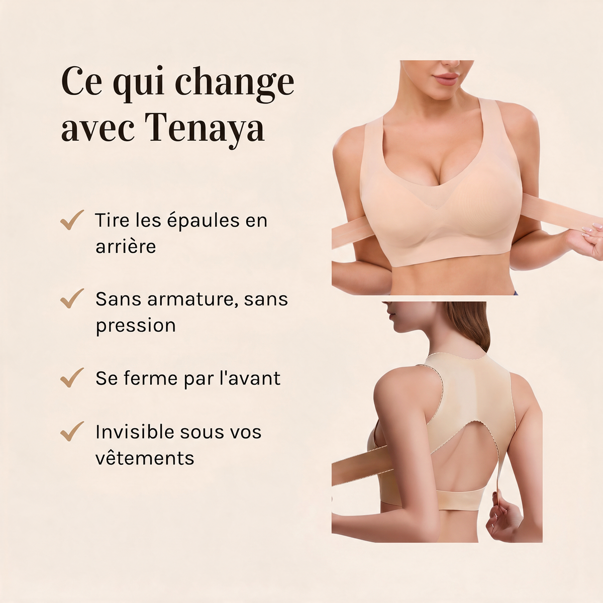 Bénéfices du soutien-gorge Tenaya : tire les épaules en arrière, sans armature, confortable, invisible sous les vêtements