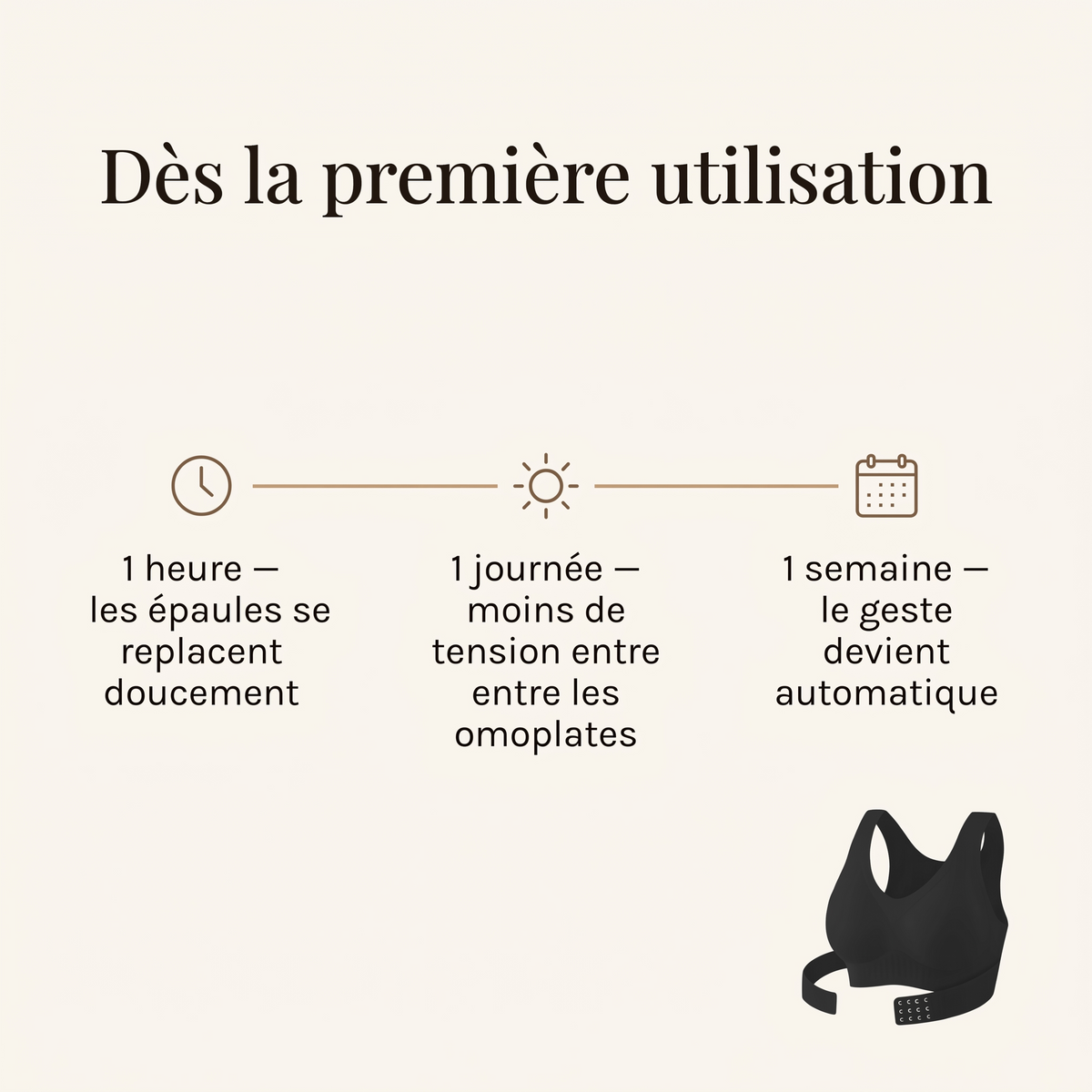 Effets du soutien-gorge Tenaya dès la première utilisation : 1 heure, 1 jour, 1 semaine